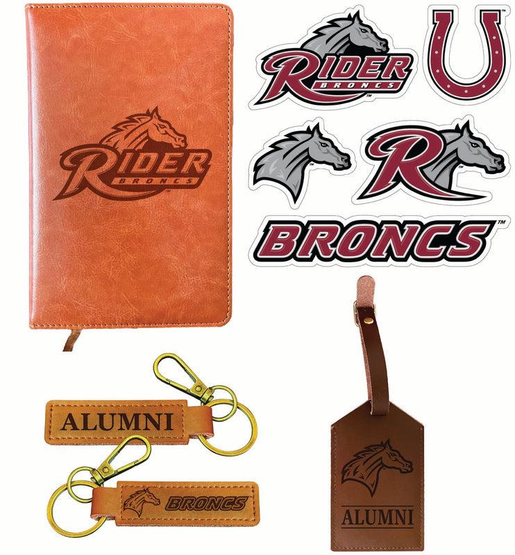 Rider University Broncs Officially Licensed College Graduation Gift Set – Engraved Leather Journal, Leather Alumni Keychain, Luggage Tag & 5-Pack Stickers