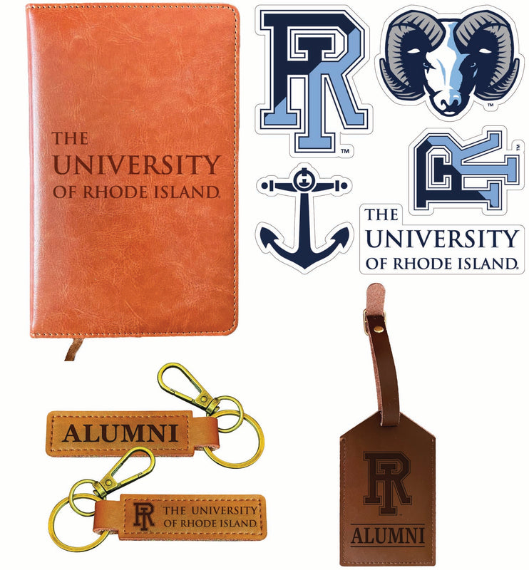 Rhode Island University Officially Licensed College Graduation Gift Set – Engraved Leather Journal, Leather Alumni Keychain, Luggage Tag & 5-Pack Stickers