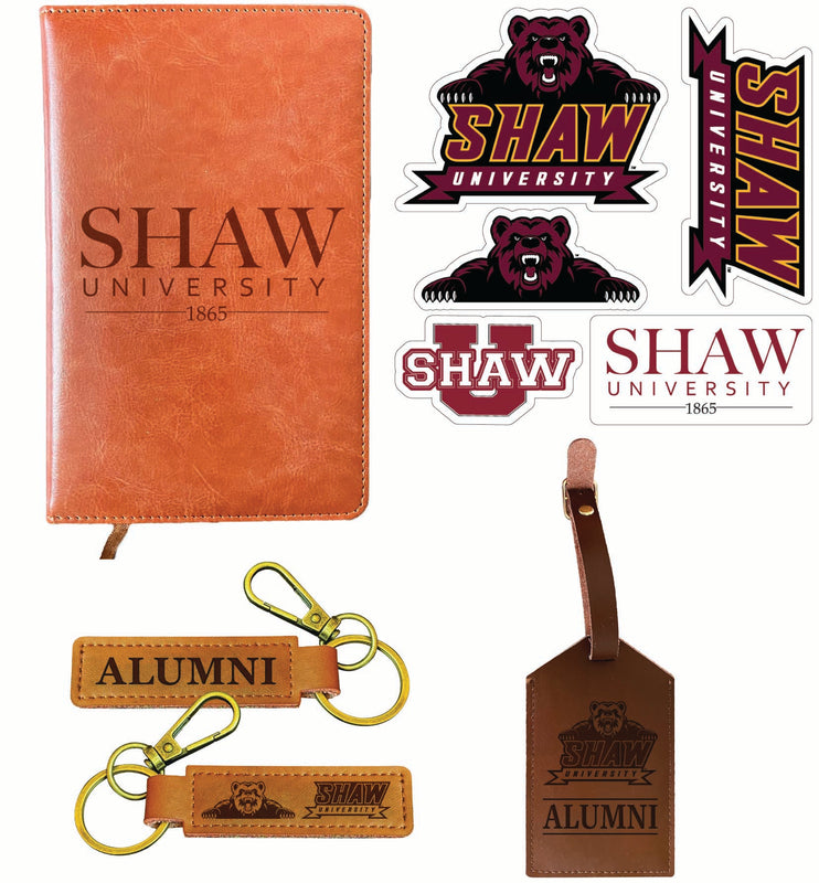 Shaw University Bears Officially Licensed College Graduation Gift Set – Engraved Leather Journal, Leather Alumni Keychain, Luggage Tag & 5-Pack Stickers