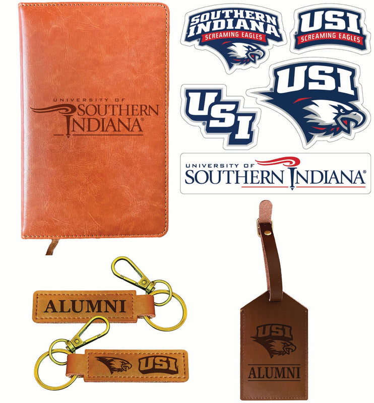 University of Southern Indiana Officially Licensed College Graduation Gift Set – Engraved Leather Journal, Leather Alumni Keychain, Luggage Tag & 5-Pack Stickers