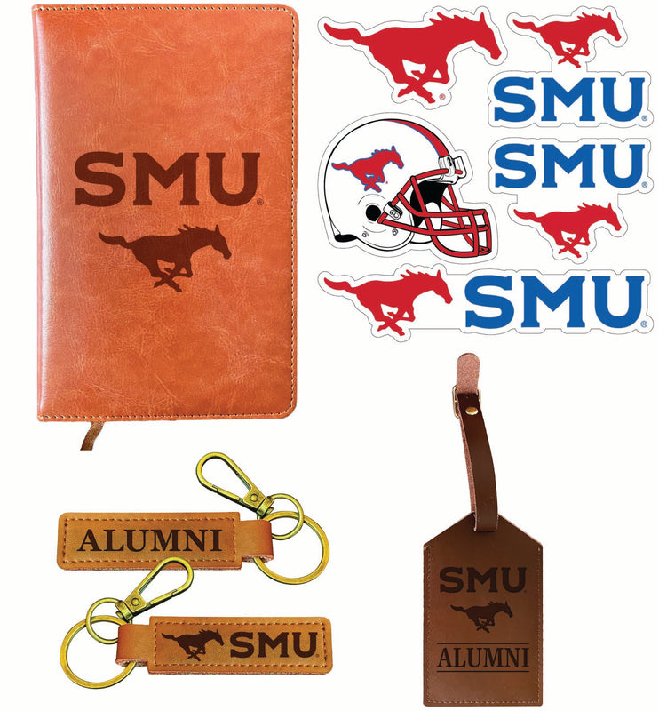 Southern Methodist University Officially Licensed College Graduation Gift Set – Engraved Leather Journal, Leather Alumni Keychain, Luggage Tag & 5-Pack Stickers