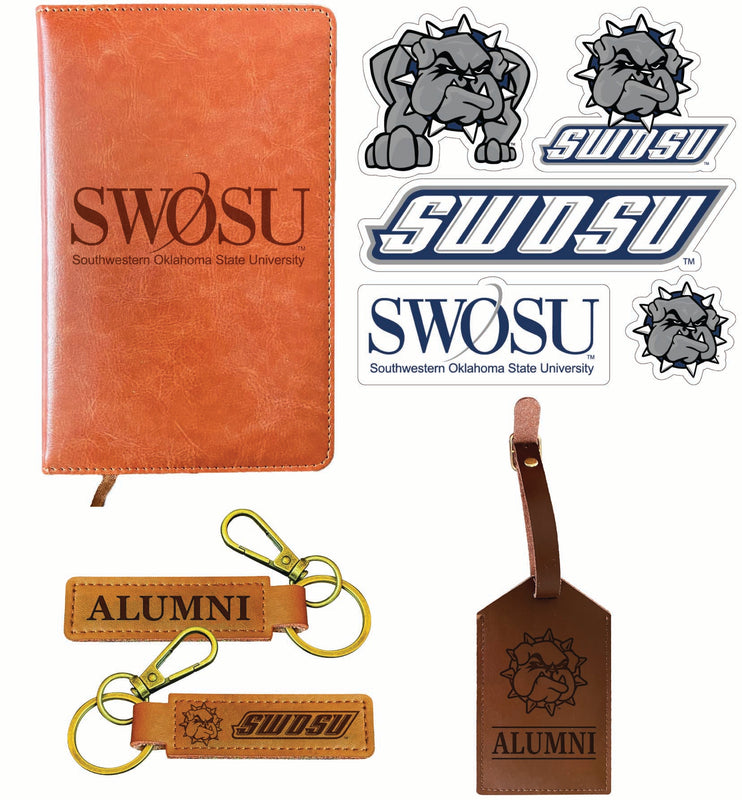 Southwestern Oklahoma State University Officially Licensed College Graduation Gift Set – Engraved Leather Journal, Leather Alumni Keychain, Luggage Tag & 5-Pack Stickers