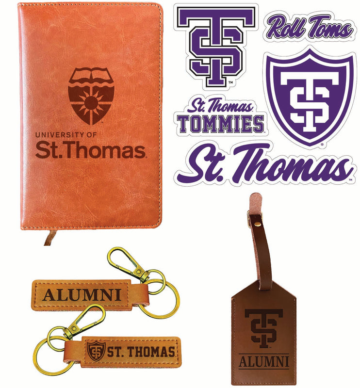University of St. Thomas Officially Licensed College Graduation Gift Set – Engraved Leather Journal, Leather Alumni Keychain, Luggage Tag & 5-Pack Stickers
