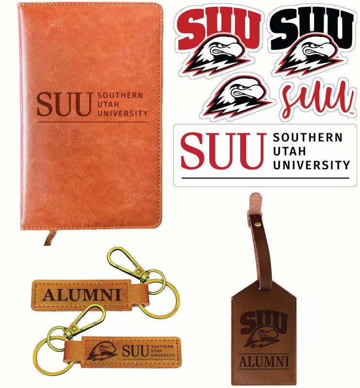 Southern Utah University Officially Licensed College Graduation Gift Set – Engraved Leather Journal, Leather Alumni Keychain, Luggage Tag & 5-Pack Stickers