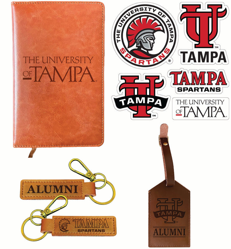 University of Tampa Spartans Officially Licensed College Graduation Gift Set – Engraved Leather Journal, Leather Alumni Keychain, Luggage Tag & 5-Pack Stickers
