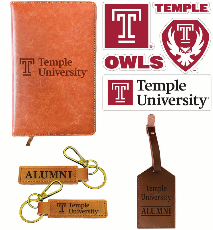Temple University Officially Licensed College Graduation Gift Set – Engraved Leather Journal, Leather Alumni Keychain, Luggage Tag & 5-Pack Stickers