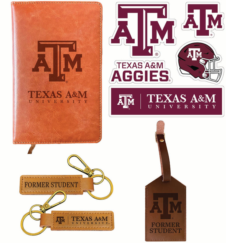 Texas A&M Aggies Officially Licensed College Graduation Gift Set – Engraved Leather Journal, Leather Alumni Keychain, Luggage Tag & 5-Pack Stickers