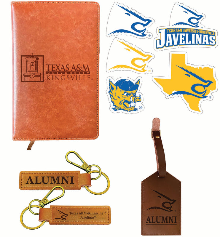 Texas A&M Kingsville Javelinas Officially Licensed College Graduation Gift Set – Engraved Leather Journal, Leather Alumni Keychain, Luggage Tag & 5-Pack Stickers