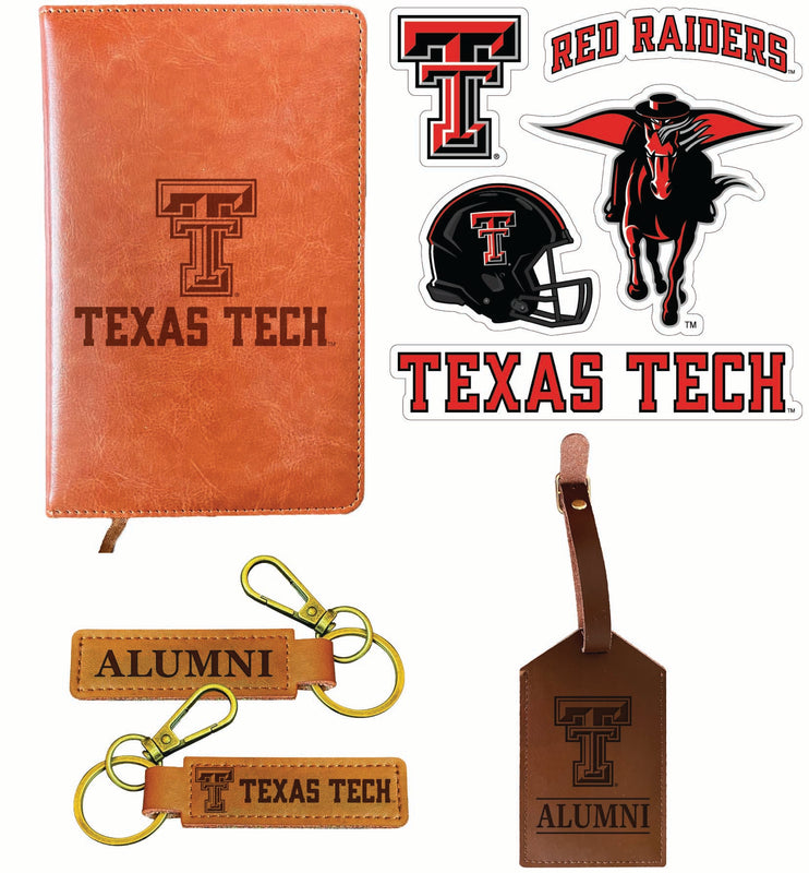 Texas Tech Red Raiders Officially Licensed College Graduation Gift Set – Engraved Leather Journal, Leather Alumni Keychain, Luggage Tag & 5-Pack Stickers