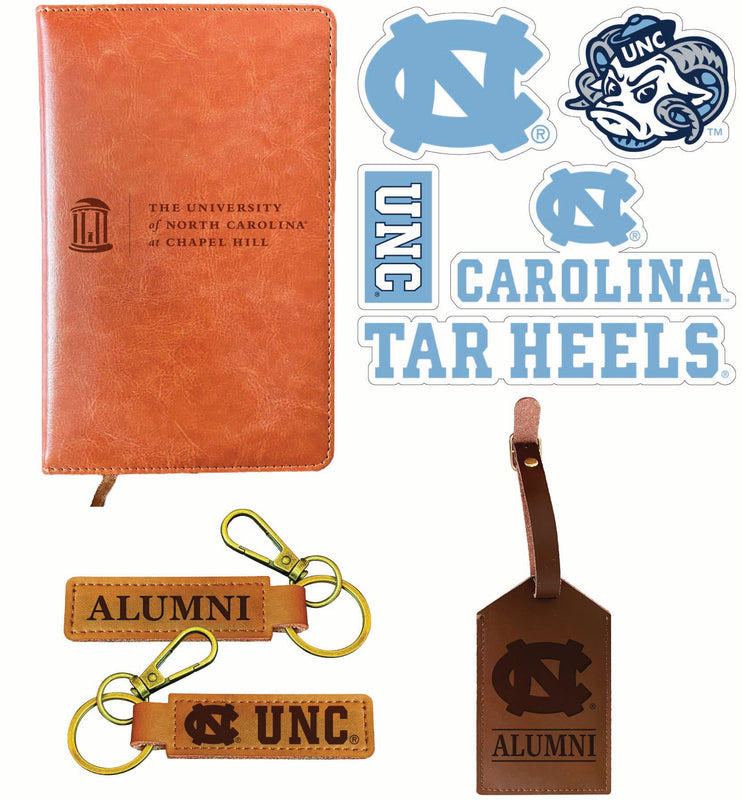 UNC Tar Heels Officially Licensed College Graduation Gift Set – Engraved Leather Journal, Leather Alumni Keychain, Luggage Tag & 5-Pack Stickers