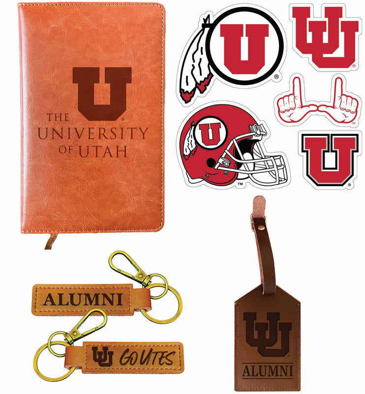 Utah Utes Officially Licensed College Graduation Gift Set – Engraved Leather Journal, Leather Alumni Keychain, Luggage Tag & 5-Pack Stickers