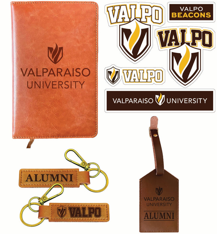 Valparaiso University Officially Licensed College Graduation Gift Set – Engraved Leather Journal, Leather Alumni Keychain, Luggage Tag & 5-Pack Stickers