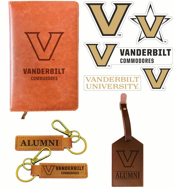 Vanderbilt University Officially Licensed College Graduation Gift Set – Engraved Leather Journal, Leather Alumni Keychain, Luggage Tag & 5-Pack Stickers