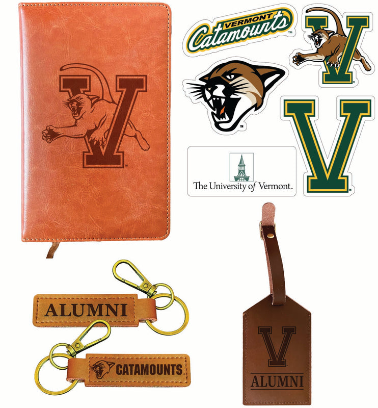 Vermont Catamounts Officially Licensed College Graduation Gift Set – Engraved Leather Journal, Leather Alumni Keychain, Luggage Tag & 5-Pack Stickers