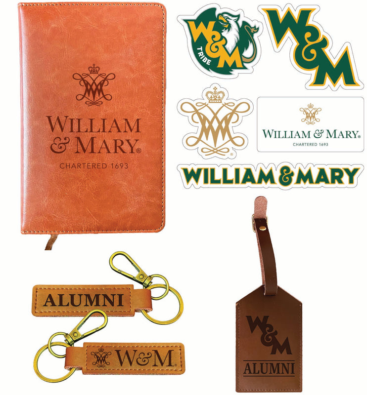 William and Mary Officially Licensed College Graduation Gift Set – Engraved Leather Journal, Leather Alumni Keychain, Luggage Tag & 5-Pack Stickers