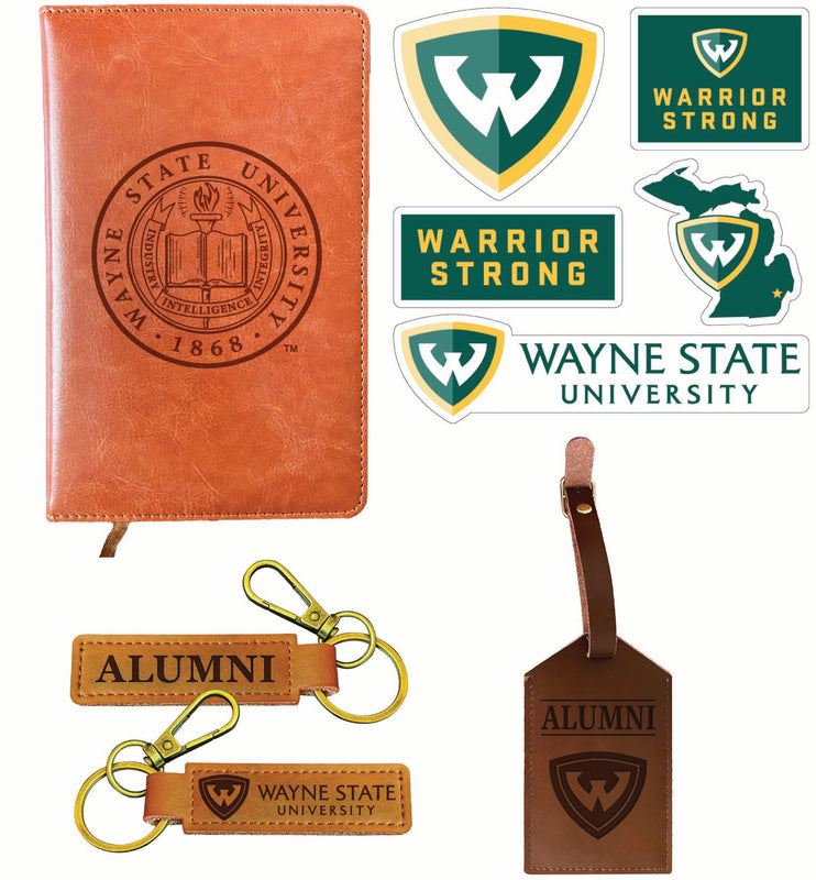 Wayne State Officially Licensed College Graduation Gift Set – Engraved Leather Journal, Leather Alumni Keychain, Luggage Tag & 5-Pack Stickers