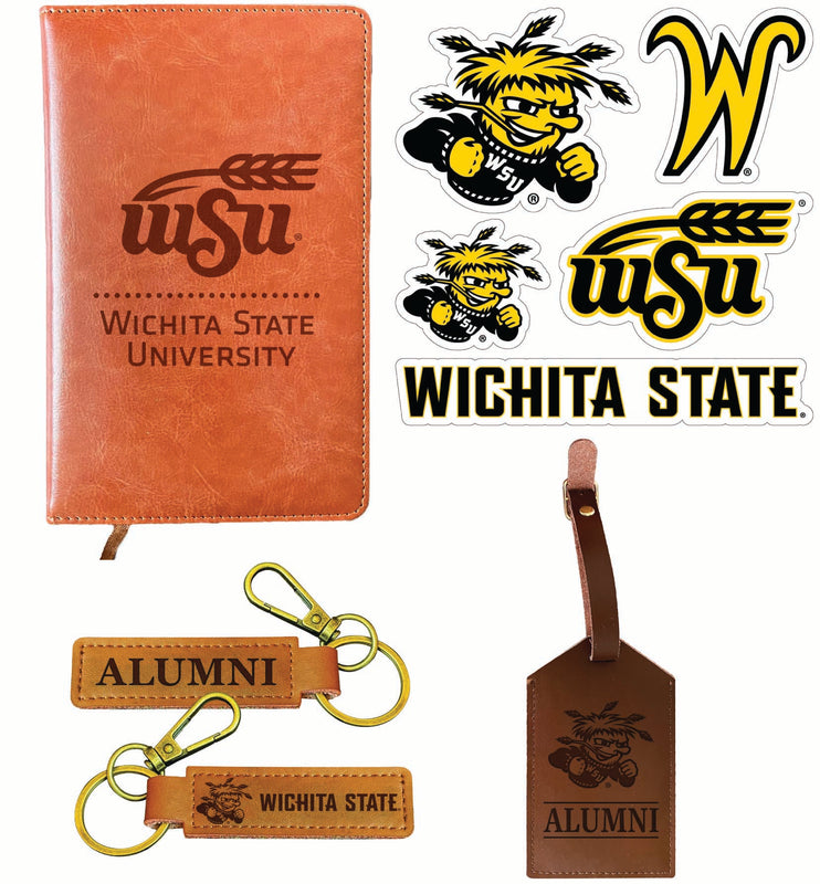 Wichita State Shockers Officially Licensed College Graduation Gift Set – Engraved Leather Journal, Leather Alumni Keychain, Luggage Tag & 5-Pack Stickers