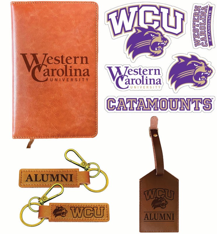 Western Carolina University Officially Licensed College Graduation Gift Set – Engraved Leather Journal, Leather Alumni Keychain, Luggage Tag & 5-Pack Stickers