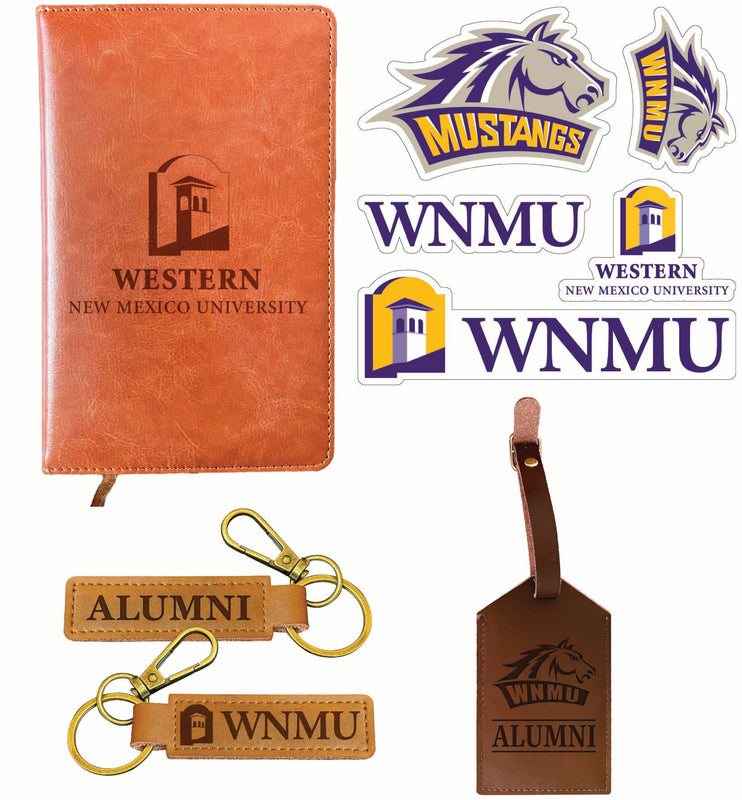 Western New Mexico University Officially Licensed College Graduation Gift Set – Engraved Leather Journal, Leather Alumni Keychain, Luggage Tag & 5-Pack Stickers