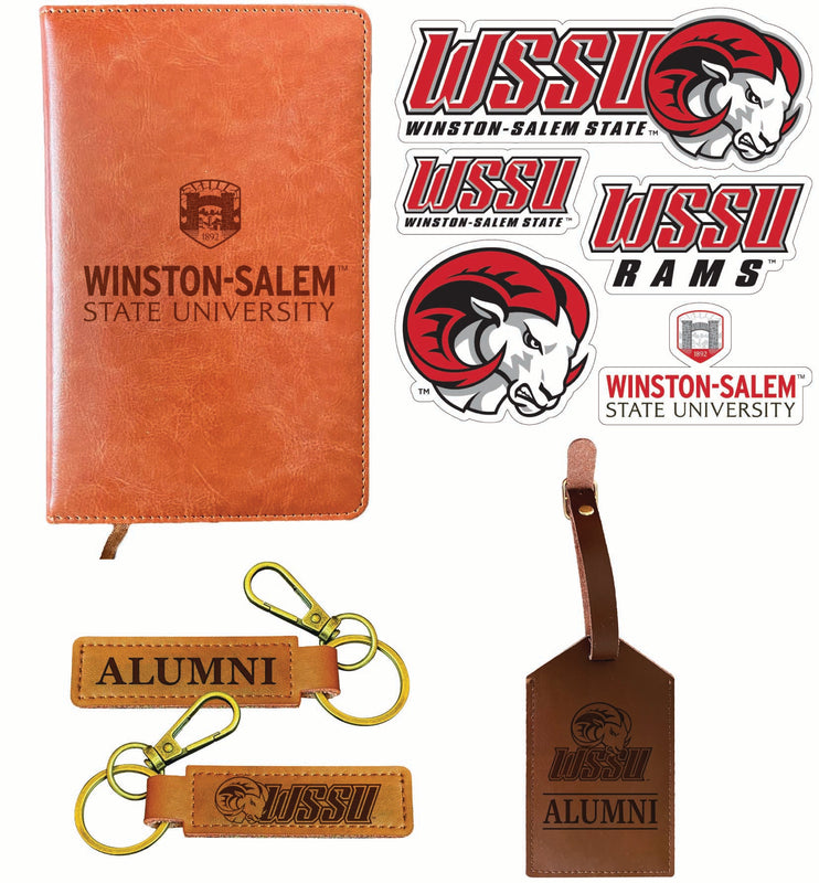 Winston-Salem State Officially Licensed College Graduation Gift Set – Engraved Leather Journal, Leather Alumni Keychain, Luggage Tag & 5-Pack Stickers