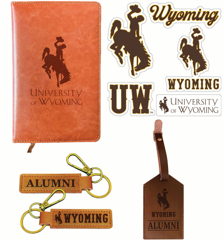 University of Wyoming Officially Licensed College Graduation Gift Set – Engraved Leather Journal, Leather Alumni Keychain, Luggage Tag & 5-Pack Stickers