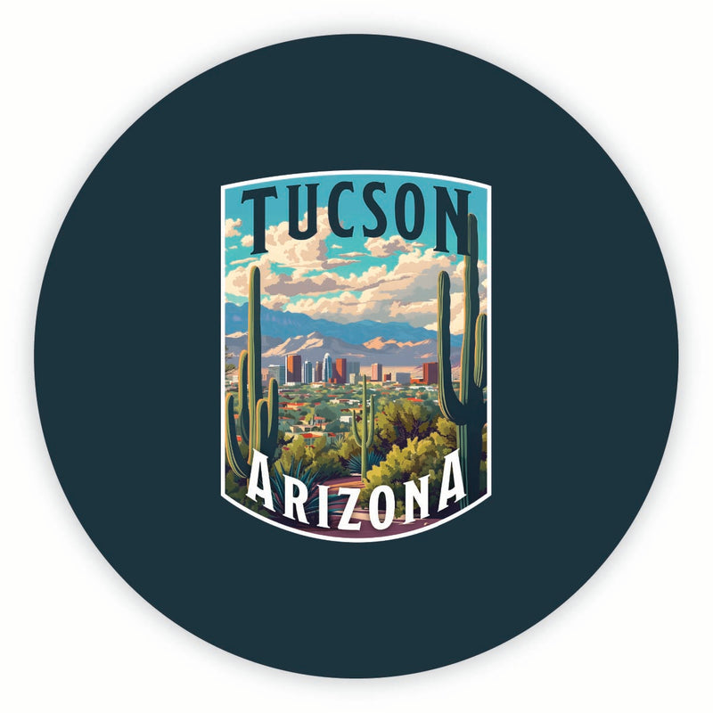 Tucson Arizona Cactus and Cityscape Design Souvenir Round Fridge Magnet 2-Inch