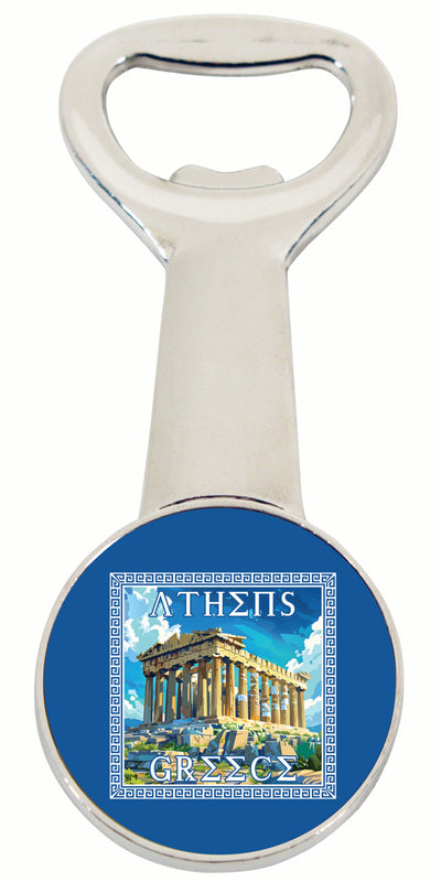 Athens Greece Acropolis in Meander Frame Design Souvenir Magnetic Bottle Opener 4-Pack