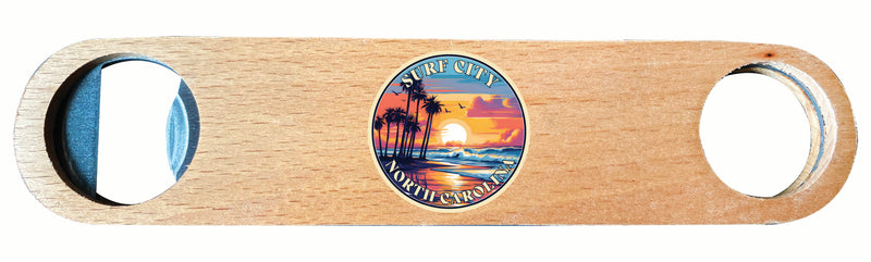Surf City North Carolina Palm Sunset Design Souvenir Wooden Bottle Opener 2-Pack