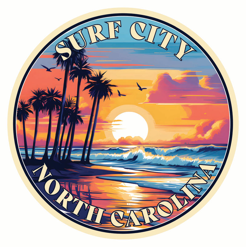 Surf City North Carolina Palm Sunset Design Souvenir Die Cut Flat Magnet 4-Inch