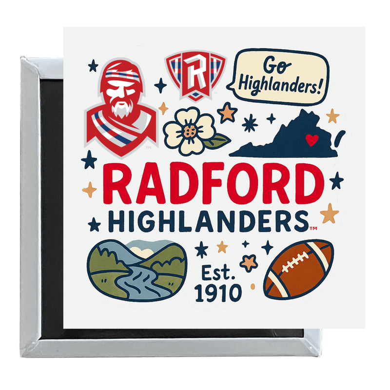 Radford University Highlanders Officially Licensed 2.5"x 2.5" Fridge Magnet Medley Design