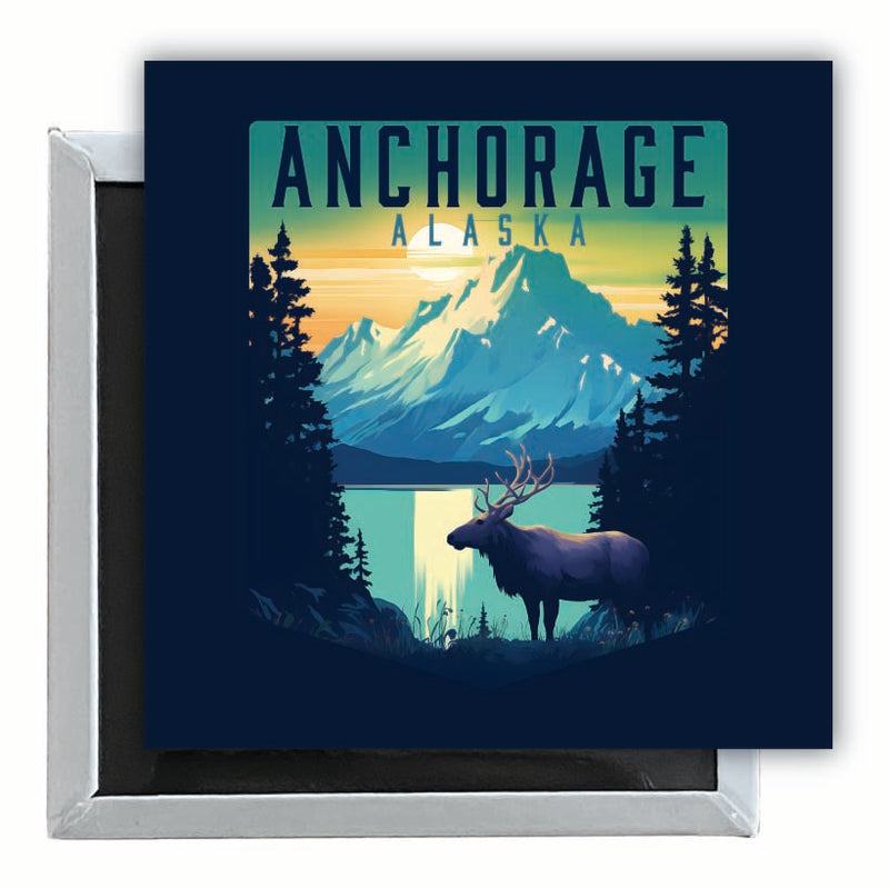 Anchorage Alaska Moose and Mountains Design Souvenir 2.5 x 2.5-Inch Fridge Magnet 4-Pack