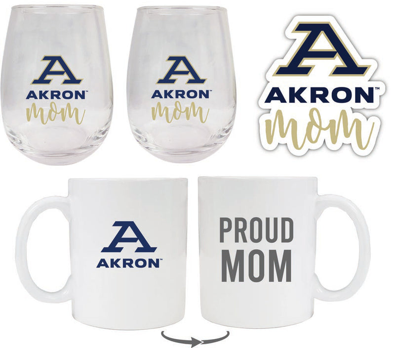 Akron Zips Collegiate Mom Gift Set - Decal, Coffee Mug & Stemless Wine Glass