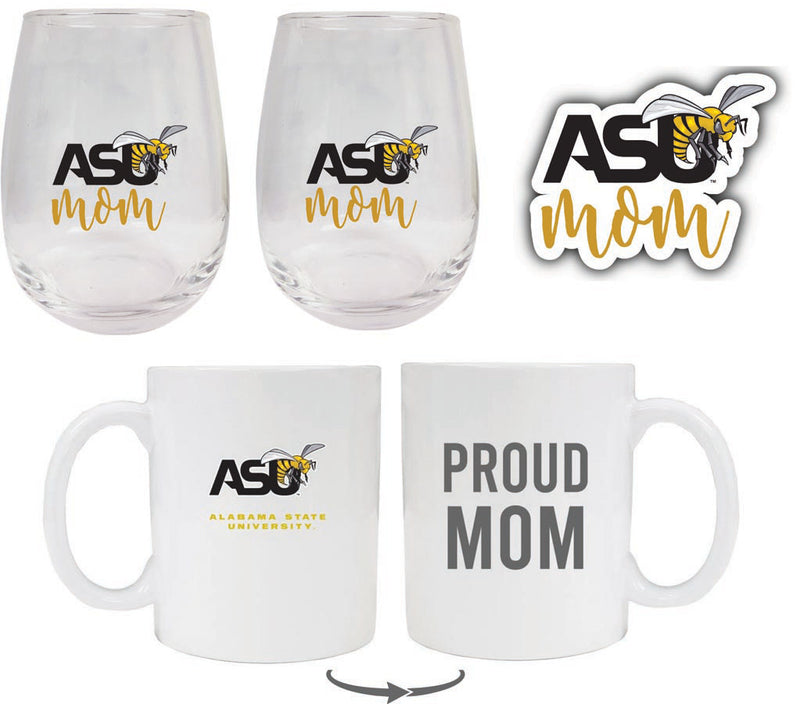 Alabama State University Collegiate Mom Gift Set - Decal, Coffee Mug & Stemless Wine Glass