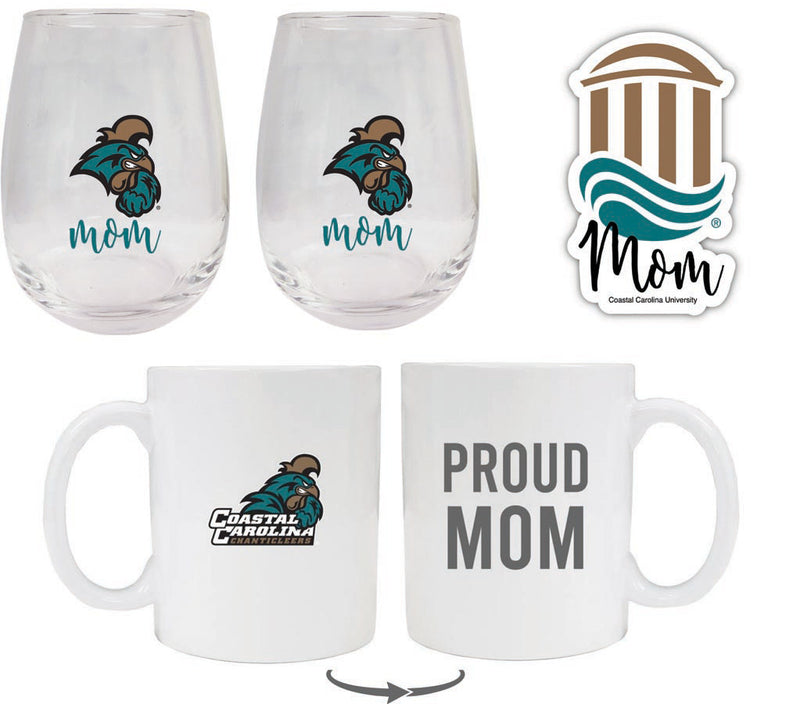 Coastal Carolina University Collegiate Mom Gift Set - Decal, Coffee Mug & Stemless Wine Glass
