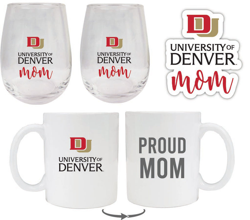 University of Denver Pioneers Collegiate Mom Gift Set - Decal, Coffee Mug & Stemless Wine Glass