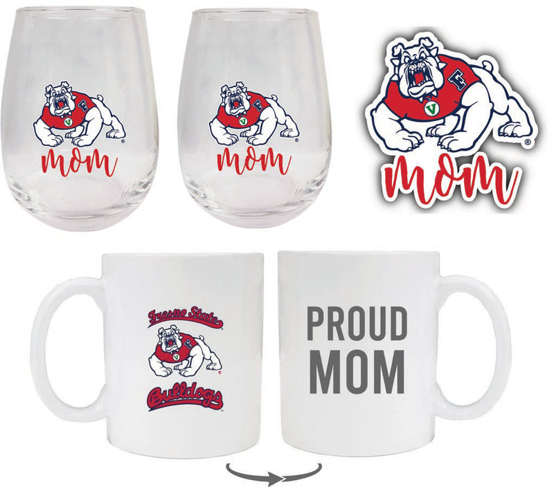 Fresno State Bulldogs Collegiate Mom Gift Set - Decal, Coffee Mug & Stemless Wine Glass