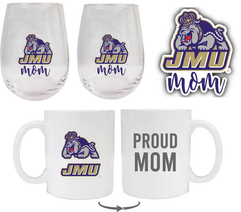 James Madison Dukes Collegiate Mom Gift Set - Decal, Coffee Mug & Stemless Wine Glass