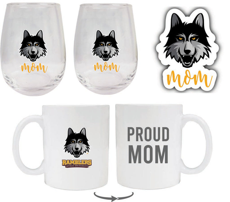 Loyola University Ramblers Collegiate Mom Gift Set - Decal, Coffee Mug & Stemless Wine Glass
