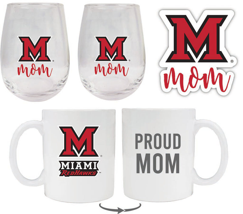 Miami University of Ohio Collegiate Mom Gift Set - Decal, Coffee Mug & Stemless Wine Glass