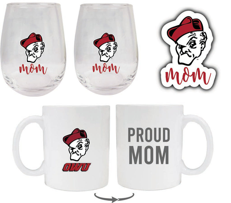 Ohio Wesleyan University Collegiate Mom Gift Set - Decal, Coffee Mug & Stemless Wine Glass