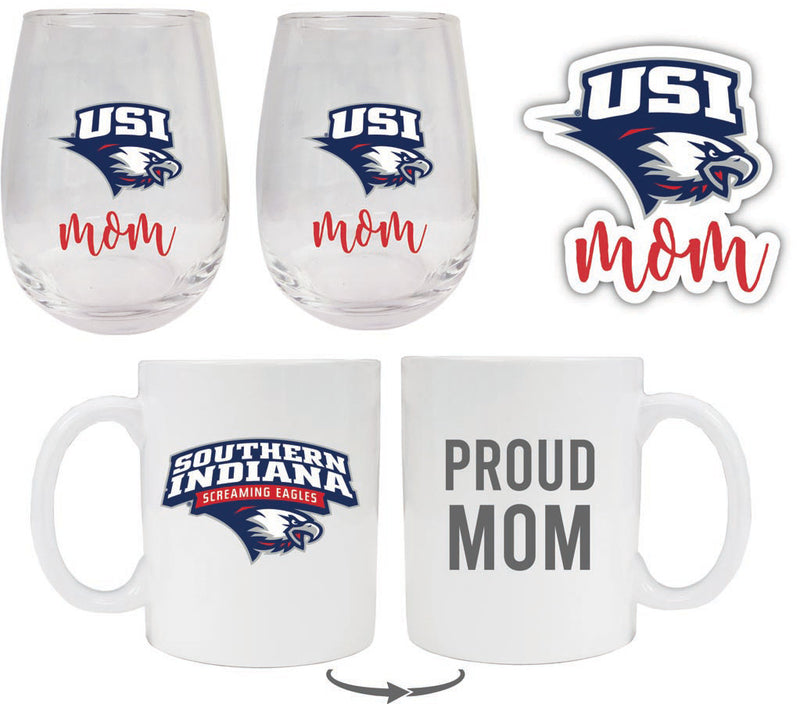 University of Southern Indiana Collegiate Mom Gift Set - Decal, Coffee Mug & Stemless Wine Glass