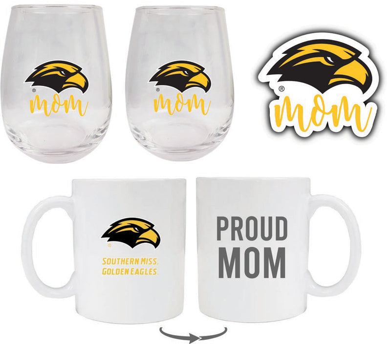 Southern Mississippi Golden Eagles Collegiate Mom Gift Set - Decal, Coffee Mug & Stemless Wine Glass
