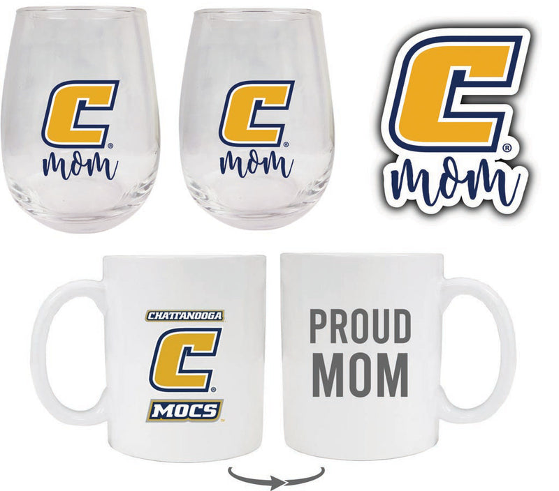University of Tennessee at Chattanooga Collegiate Mom Gift Set - Decal, Coffee Mug & Stemless Wine Glass