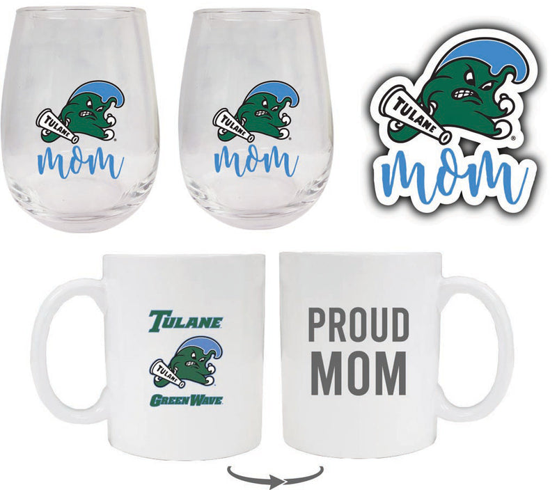 Tulane University Green Wave Collegiate Mom Gift Set - Decal, Coffee Mug & Stemless Wine Glass