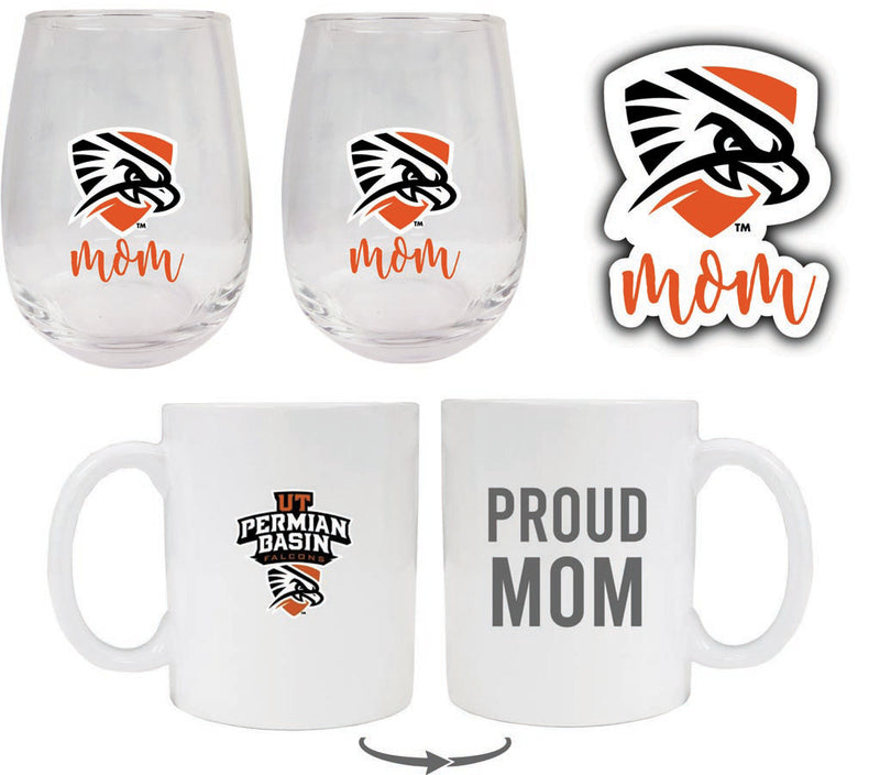 University of Texas of the Permian Basin Collegiate Mom Gift Set - Decal, Coffee Mug & Stemless Wine Glass