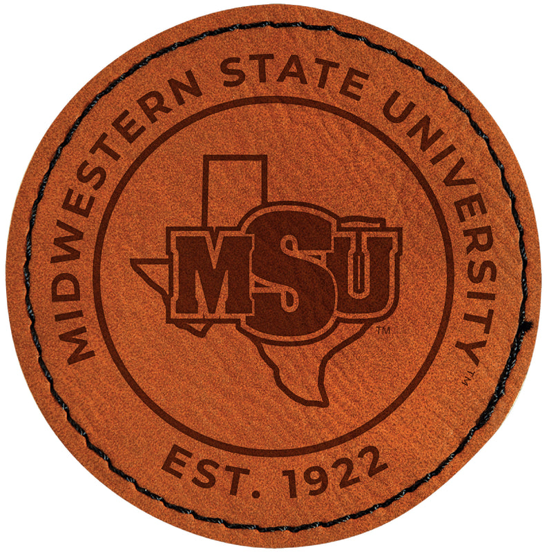 Midwestern State University Mustangs Officially Licensed Circular Leatherette Patch - Iron-On with Adhesive Back 4-Pack