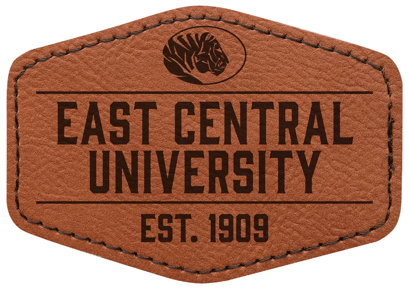 East Central University Tigers Officially Licensed Hexagonal Leatherette Patch - Iron-On with Adhesive Back 4-Pack