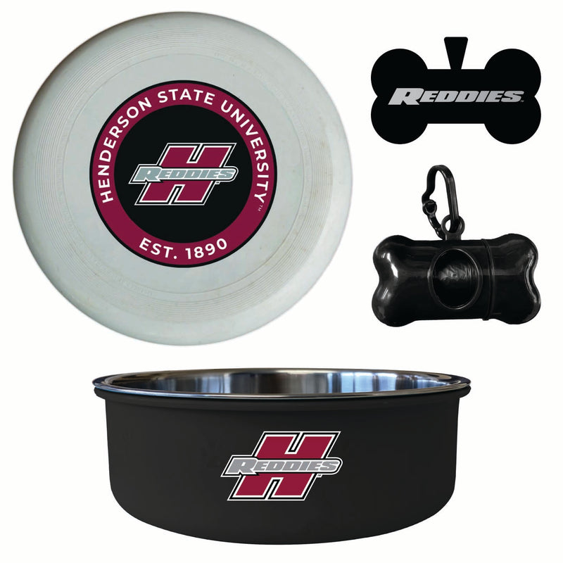 Henderson State Reddies Officially Licensed College Pet Pack – Dog Tag, Bowl, Flying Disc & Waste Bag
