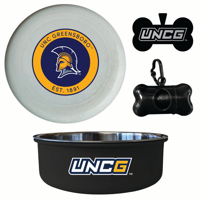 North Carolina Greensboro Spartans Officially Licensed College Pet Pack – Dog Tag, Bowl, Flying Disc & Waste Bag