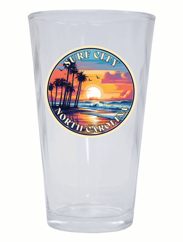 Surf City North Carolina Palm Sunset Design Souvenir 16 oz Pint Glass 4-Pack